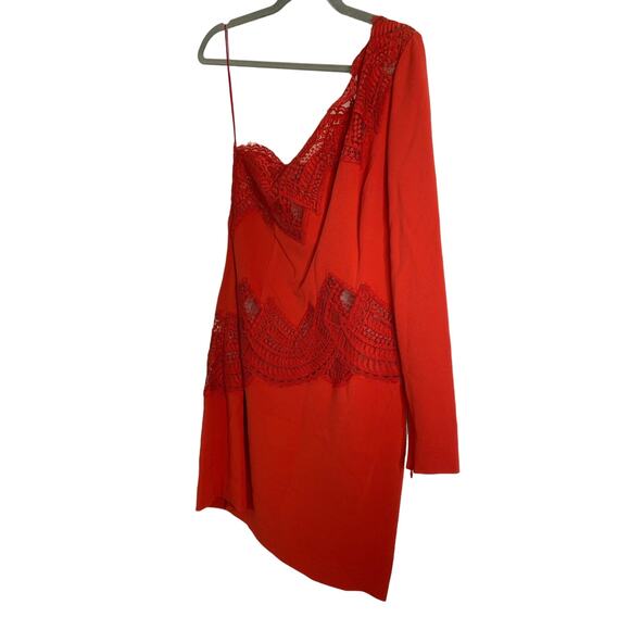 Zuhair Murad Mini Dress Lace Detail One Shoulder Long Sleeve Molten Lava Size 38 - Picture 2 of 12